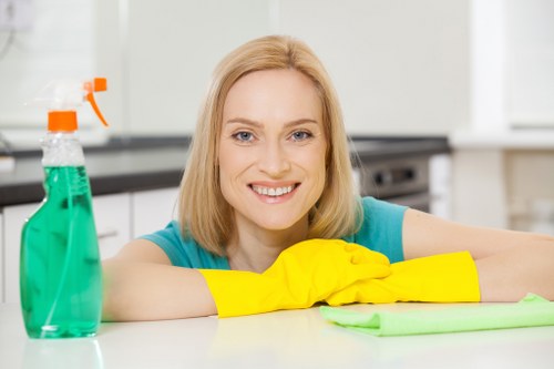 Carpet cleaning team preparing safe equipment and workspace